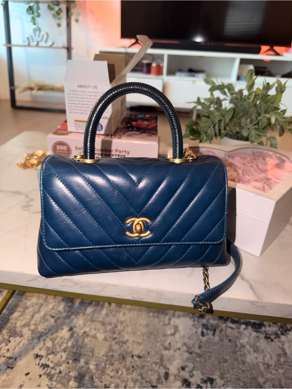 CHANEL Navy Blue Quilted Top-Handle Bag with Gold Hardware